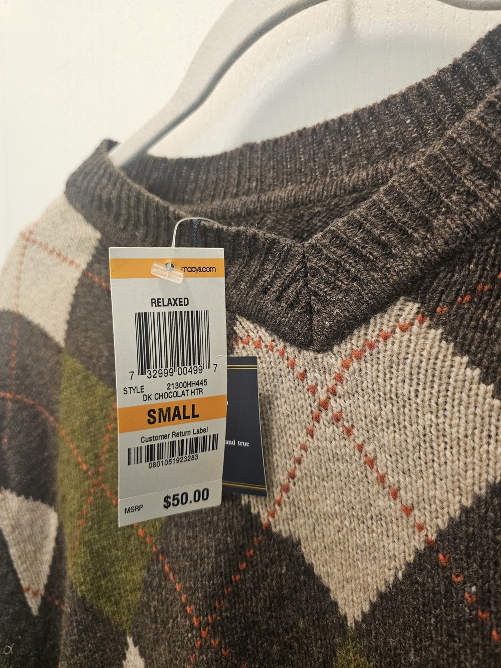 Club Room Dark Chocolate Argyle V-Neck Sweater with Olive and Cream Accents